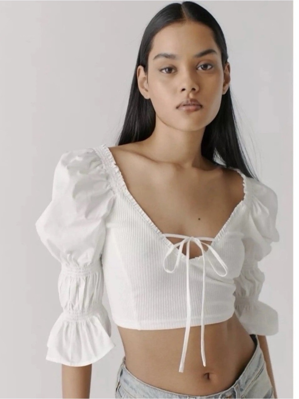 Urban Outfitters Cropped Top Peasant Long Sleeve White Milk-Maid Cottagecore Lg